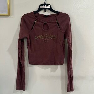 Urban Outfitters long Sleeve y2k boho Crop Top S Bedazzled Peace Keyhole Gold